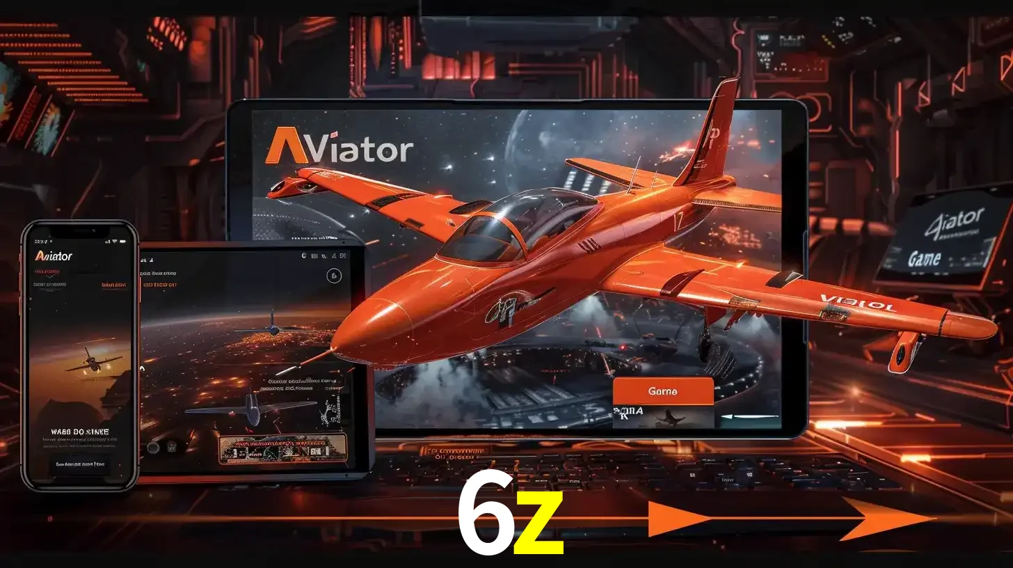 Apresentação tecnológica do jogo Aviator com um avião saindo da tela de um tablet, demonstrando a experiência imersiva em múltiplos dispositivos no 6z.