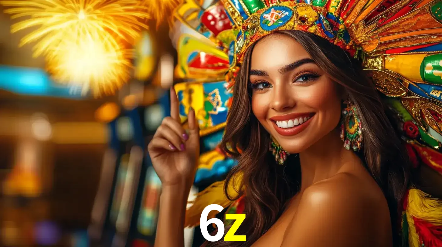 Mulher sorridente com um cocar de carnaval vibrante e colorido, celebrando uma grande vitória nos jogos do cassino 6z com fogos de artifício ao fundo.
