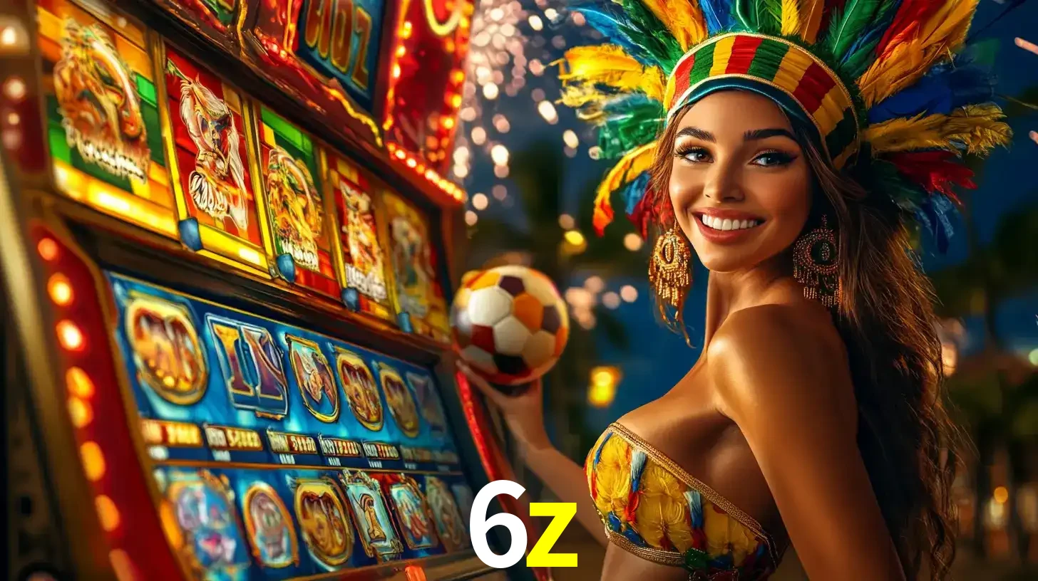 Mulher com um cocar de carnaval ao lado de uma máquina de caça-níqueis enquanto segura uma bola de futebol, mostrando a união da diversão de cassino e esportes no 6z.