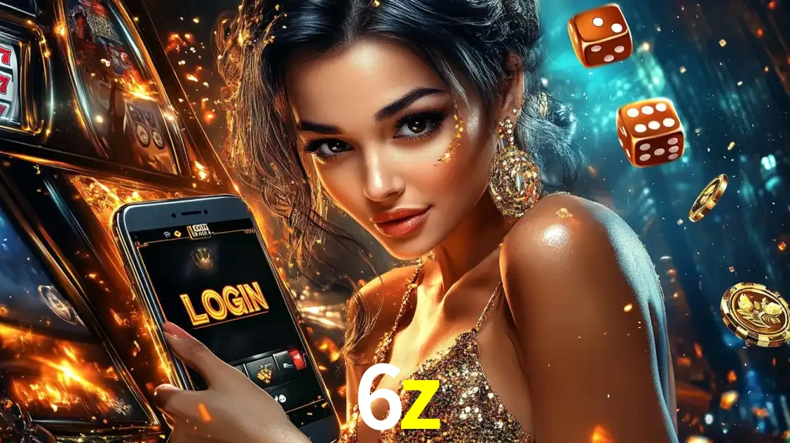 Mulher glamourosa segurando um celular com a tela de login do cassino 6z, rodeada por dados e moedas douradas, pronta para começar a diversão.