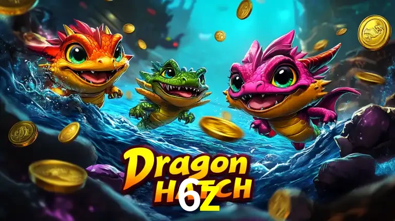 Arte promocional do jogo Dragon Hatch com três adoráveis dragões bebês nadando entre moedas de ouro, um dos slots mais divertidos para jogar no cassino 6z.