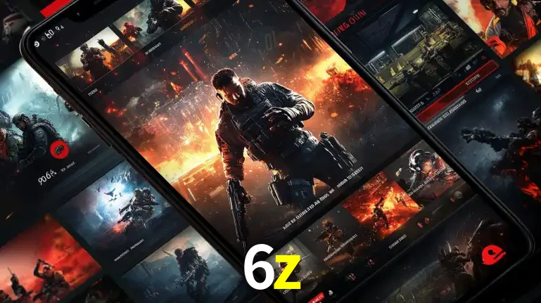 Tela de um celular exibindo uma galeria de jogos de tiro com temática militar, mostrando a variedade de e-sports disponíveis para apostas na plataforma de entretenimento 6z.