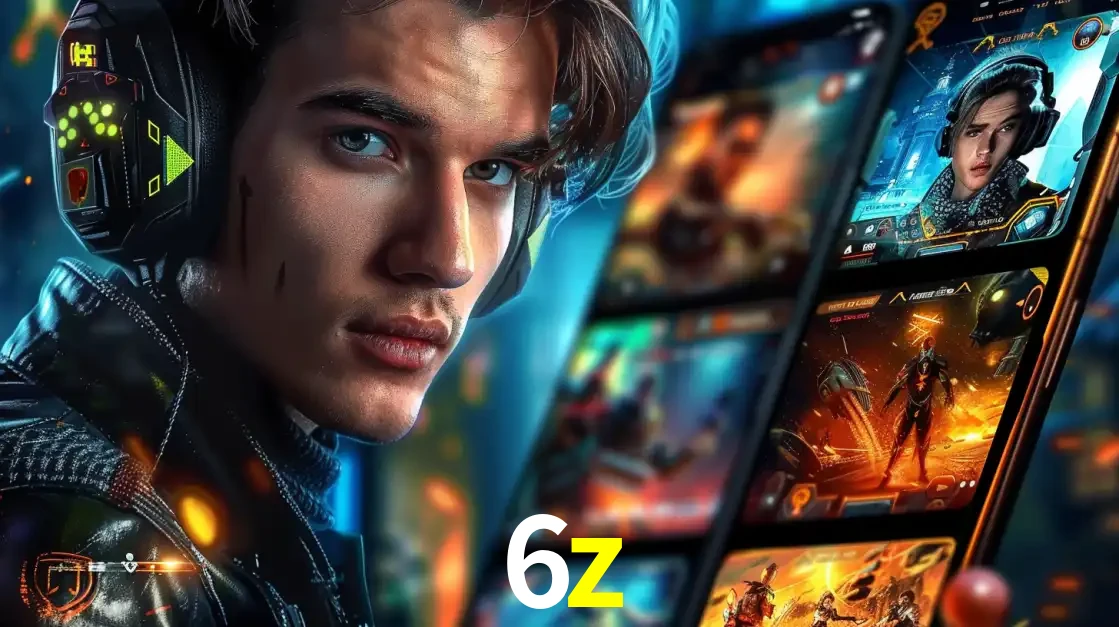 Jovem jogador com fones de ouvido olhando para a câmera, com um aplicativo de jogos e e-sports para celular ao fundo, pronto para a competição e apostas no 6z.