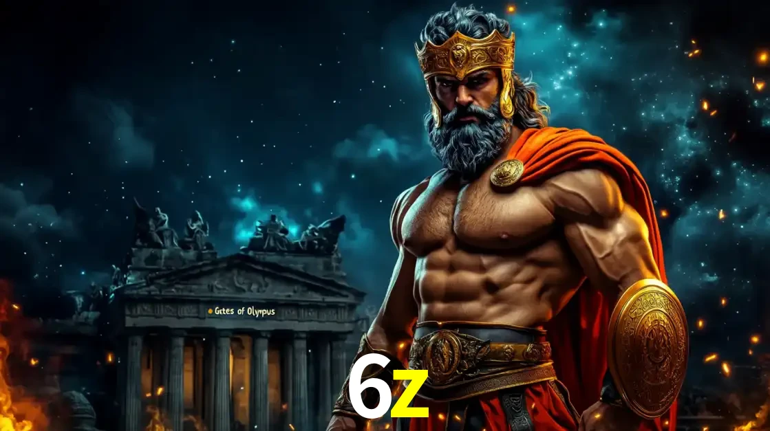 O poderoso Zeus do jogo de slot Gates of Olympus em frente ao seu templo, pronto para lançar multiplicadores divinos e prêmios épicos no cassino online 6z.