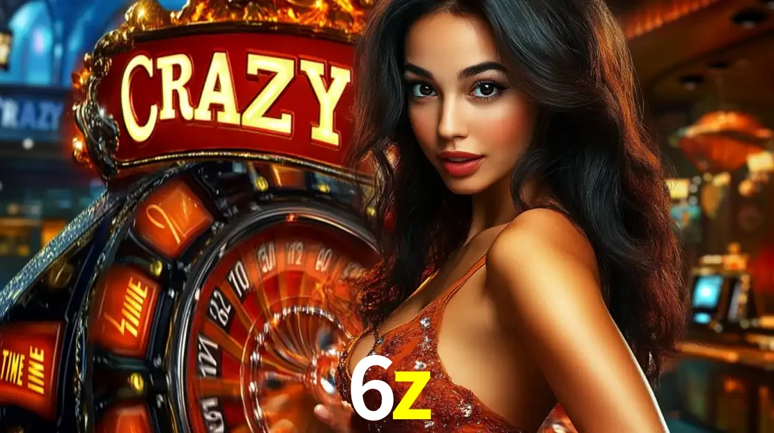 Mulher glamourosa olhando para a câmera com a roda vermelha do Crazy Time ao fundo em um ambiente de cassino, destacando a emoção dos jogos ao vivo no 6z.