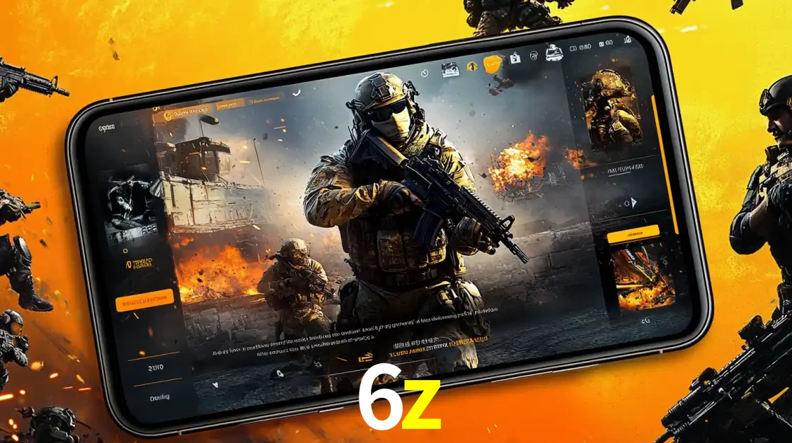 Um smartphone exibindo a interface de um jogo de tiro em primeira pessoa, com um soldado em um cenário de batalha, representando a ação dos e-sports para apostar no 6z.