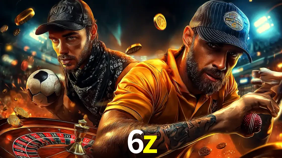 Montagem de apostas esportivas e cassino no 6z, com um homem segurando uma bola de futebol e outro uma de beisebol sobre uma roleta e moedas voadoras.