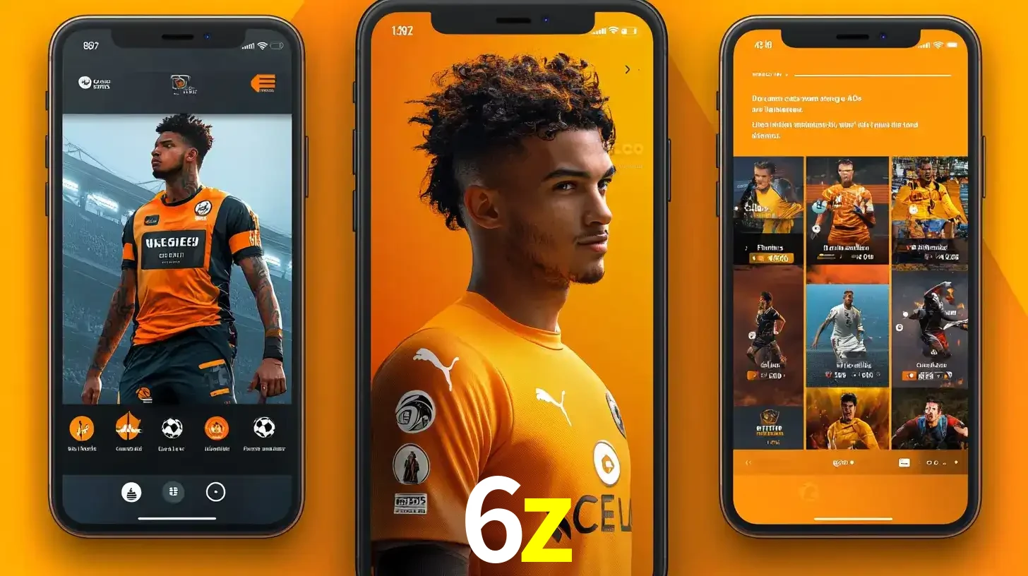 Interface do aplicativo de apostas esportivas 6z em três telas de celular, mostrando o perfil de um jogador de futebol e a lista de jogos disponíveis para apostar.