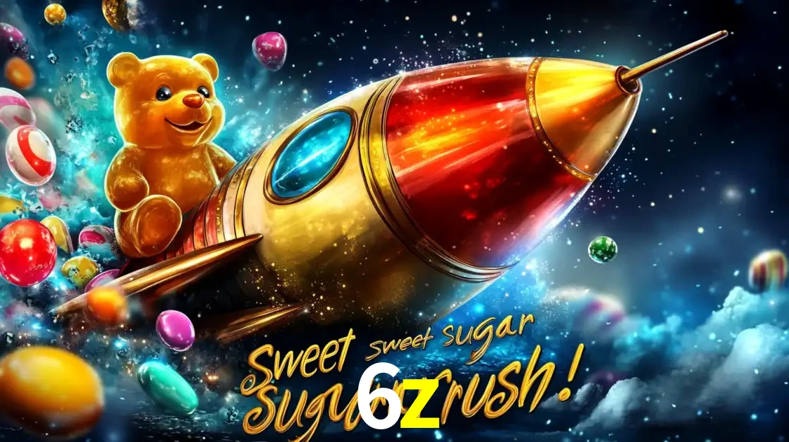 Arte promocional do jogo de slot Sugar Rush, com um urso de pelúcia em um foguete viajando pelo espaço de doces, um dos jogos divertidos disponíveis no cassino 6z.