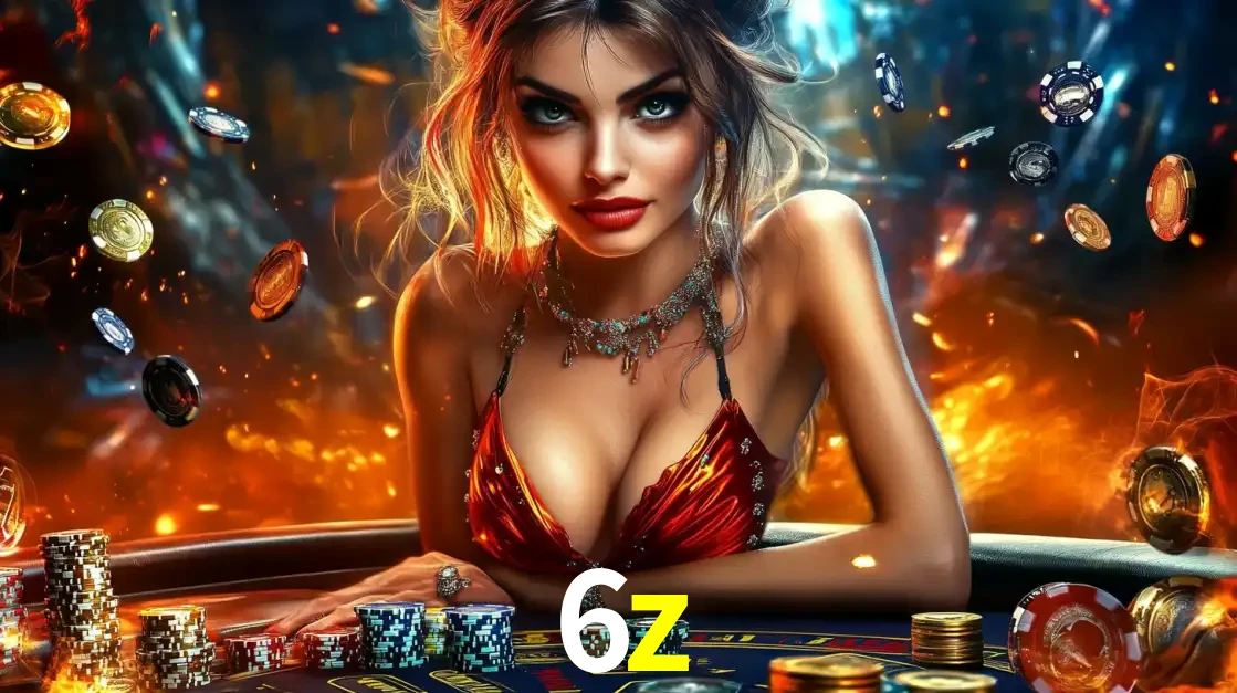 Mulher em uma mesa de cassino com pilhas de fichas e um fundo de fogo, pronta para uma rodada de altas apostas nos jogos de mesa emocionantes do cassino 6z.