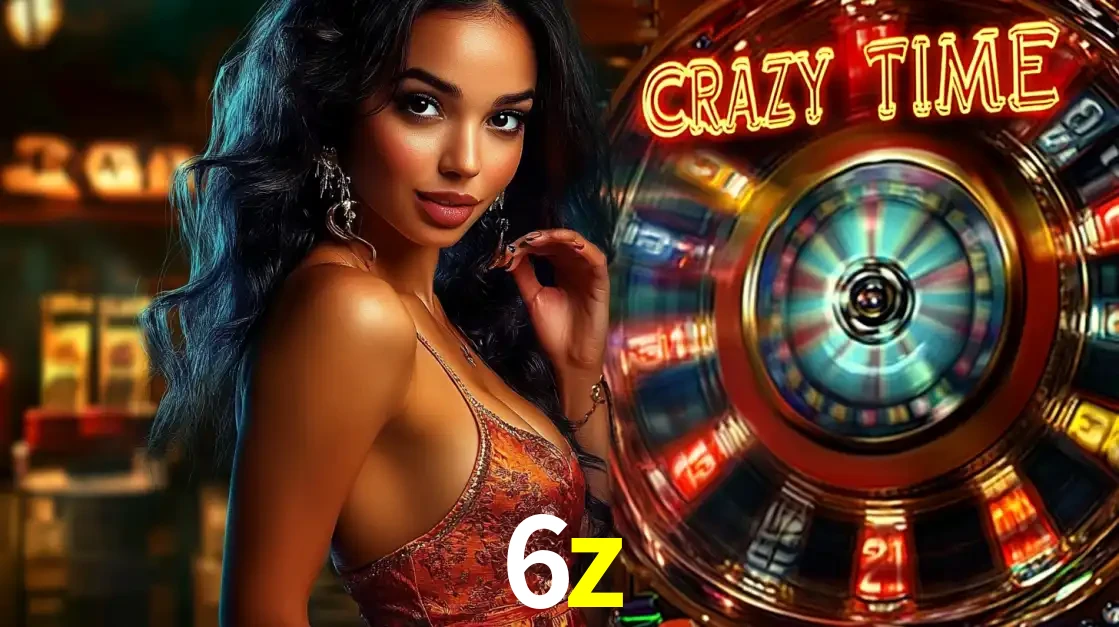 Mulher elegante ao lado da vibrante roda da fortuna do jogo de cassino ao vivo Crazy Time, um dos game shows mais populares e cheios de prêmios do 6z.