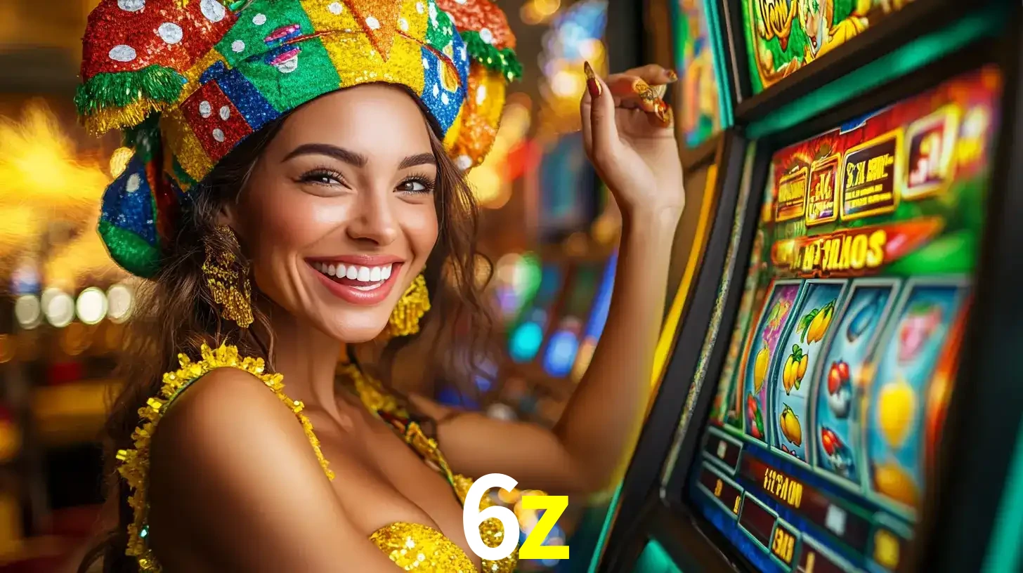 Mulher feliz com traje de carnaval amarelo e colorido ao lado de uma máquina de caça-níqueis, aproveitando a diversão e os jogos temáticos do cassino 6z.