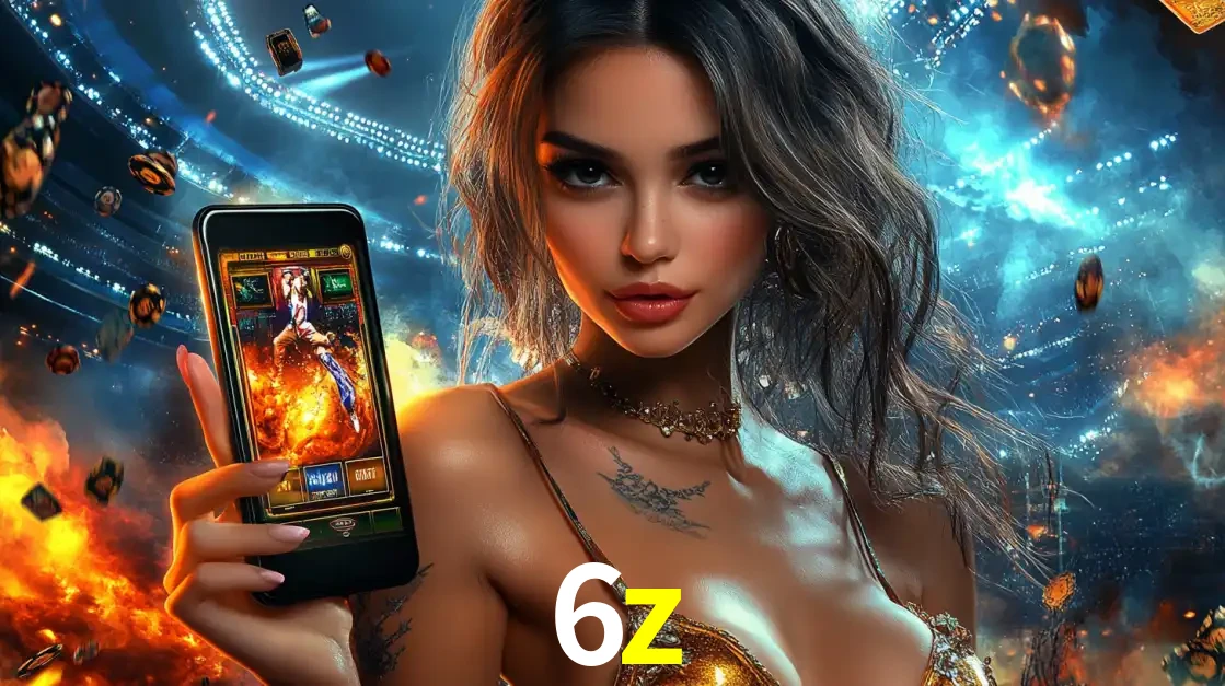 Mulher segurando um celular com um jogo de slot em destaque, tendo como fundo um estádio vibrante, simbolizando a emoção de jogar no cassino móvel 6z.