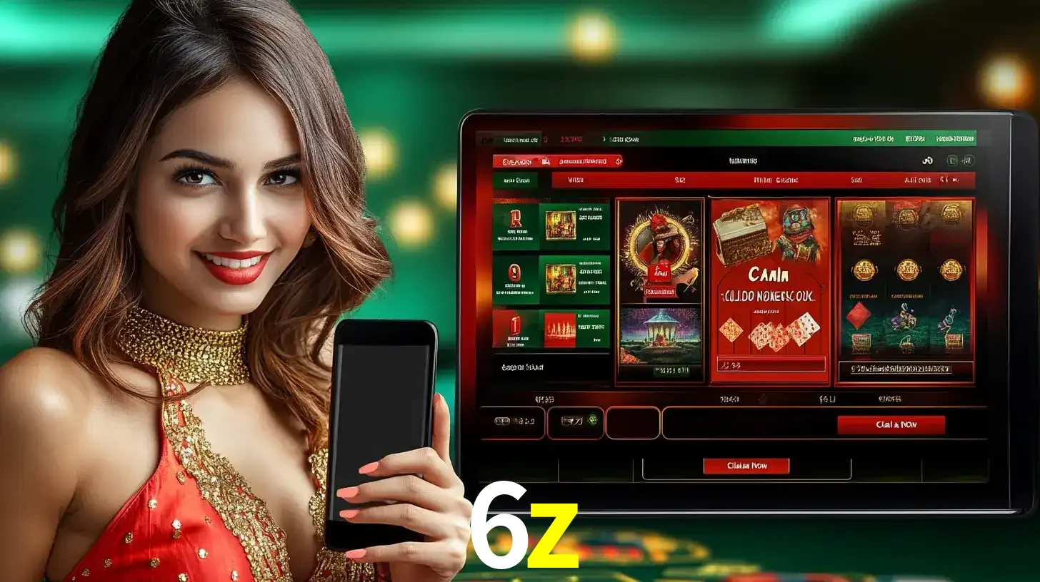 Mulher sorridente segurando um smartphone, ao lado de uma tela exibindo o lobby de jogos do cassino online 6z, com várias opções de jogos de cartas e slots.
